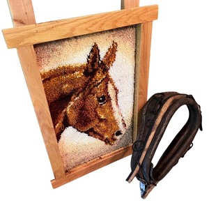 lot 147 image: Framed Horse Latch Hook Rug with Vintage Horse Collar
