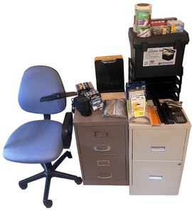 lot 153 image: Office Furniture and Supplies with Rolling Chair, File Cabinets, and Accessories