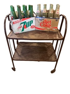 lot 244 image: Vintage Folding Metal Serving Cart with Vintage Glass Soda Bottles