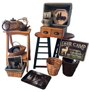 lot 246 image: Rustic Lodge Decor Collection with Deer Camp Sign, Mugs, and Baskets