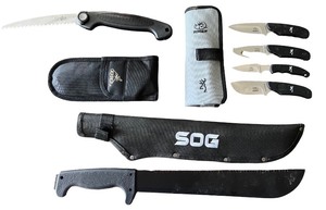 lot 256 image: Outdoor Knife Set - Gerber Folding Saw, RMEF Knife Set, SOG Machete