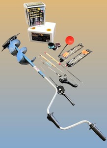lot 261 image: Ice Fishing Equipment Set with Auger, Rods, Super- Gro Worm and Accessories
