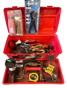 lot 174 image: Professional Tool Set in Red Toolbox with Pipe Cutter and Tape Measure