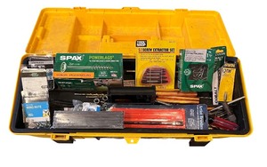 lot 175 image: Yellow Tool Box with Assorted Fasteners and Extractor Set
