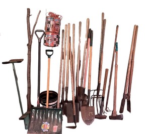 lot 226 image: Collection of Various Garden Tools Including Shovels, Rakes, and Spades