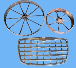 lot 231 image: Set of 2 Vintage Iron Wheels and Chrysler Car Grille