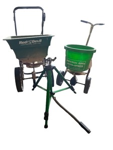 lot 235 image: Set of Red Devil and Imperial 600P Fertilizer Spreaders with Tripod Sprinkler