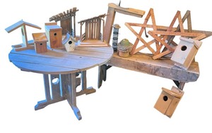lot 268 image: Handcrafted Wood Round Table, Bird Houses, Bench & More