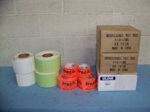 lot 135 image: Rolls of Miscellaneous Blank Labels, Fragile Stickers, ULINE Packing List Envelopes and Reclosable Bags
