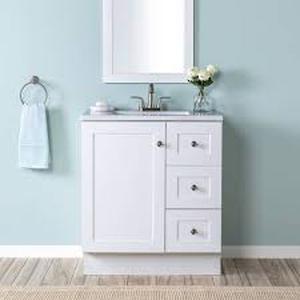 lot 1 image: Glacier Bay Bannister 31 in. Single Sink White Bath Vanity with Granite-Look Colorpoint White Cultured Marble Top (Assembled) Customer Returns See Pictures