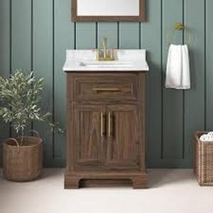 lot 6 image: Home Decorators Collection Doveton 30 in. Single Sink Dark Walnut Bath Vanity with White Engineered Marble Top (Assembled)     Customer Returns See Pictures
