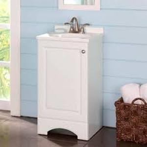 lot 8 image: Glacier Bay 18 in. Single Sink White Bath Vanity with White Cultured Marble Top (Assembled)   Customer Returns See Pictures