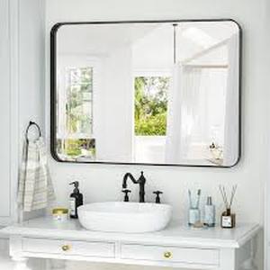 lot 9 image: XRAMFY 30 in. W x 40 in. H Rectangular Modern Aluminum Alloy Framed Rounded Black Wall Mirror  Customer Returns See Pictures