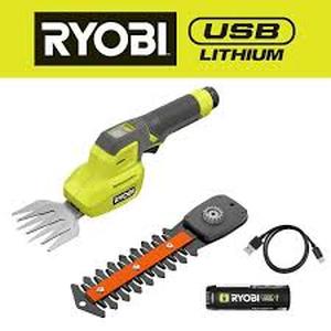 lot 20 image: RYOBI USB Lithium Shear Shrubber Kit with 2.0 Ah USB Lithium Battery and Charging Cable Customer Returns See Pictures