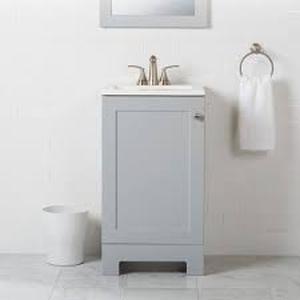lot 42 image: Glacier Bay 19 in. Single Sink Pearl Gray Bath Vanity with White Cultured Marble Top (Assembled) Customer Returns See Pictures