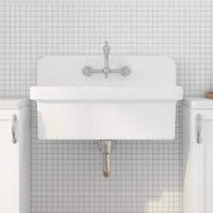 lot 50 image: Eridanus Mason 15 Gal. 30 in. W x 19 in. D Wall Mount LaundryUtility Sink in Crisp White with Basket Strainer Customer Returns See Pictures