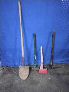 lot 61 image: Sledge Hammer, Spade Shovel, Pick Axe, and Axe