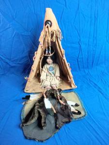 lot 12 image: Native American Porcelain Doll With Blanket, Buffalo Skin,  And Teepee