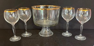 lot 33 image: Vintage Anchor Hocking Wexford Crystal Gold Rimmed Trifle Pedestal Bowl with Coordinating Stemware