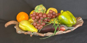 lot 142 image: Lovely Leaf Motif Tray with Bunches of Faux Fruits and Vegetables
