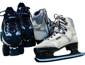 lot 57 image: 4 Wheelers Sketchers (Roller-skates) and CCM Hockey Skates with Blade Covers