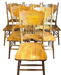lot 10 image: Set of Six Vintage Solid Oak Pressed Back Rustic Country Style Dining Side Chairs
