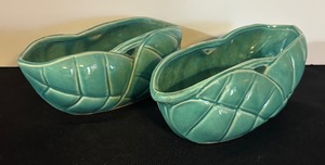 lot 163 image: Pair of Vintage Pottery Planters with Quilted Design and Leaf Borders
