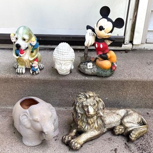 lot 221 image: Garden Decor including a Lion, Mickey Mouse, Buddha Head, Elephant and Puppy