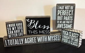 lot 246 image: Set of 5 Fun Decorative Wooden Quote Signs