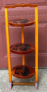 lot 67 image: Vintage Folding Carved Wood 3 Tier Table  Pie Stand with Bird Design