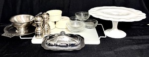 lot 329 image: Vintage Milk Glass Pedestal Cake Stand and a Variety of Vintage Kitchen Items