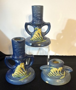lot 299 image: Vintage Roseville Pottery Freesia Blue Candle Holders