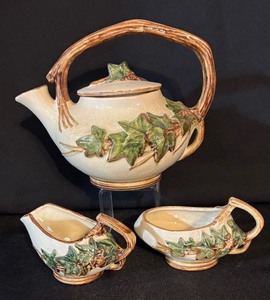 lot 345 image: Vintage Ivy Teapot, Creamer Pitcher and Sugar Dish by McCoy Pottery