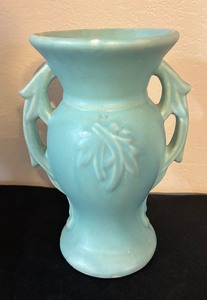 lot 350 image: Vintage McCoy Double Handled Seafoam Green Chrysanthemum Vase