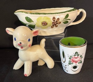 lot 359 image: Rempel Diamond Pottery Josie the Joyful Lamb Figurine, Bohemian Czech Vase and Blue Ridge Southern Green Briar Gravy Boat