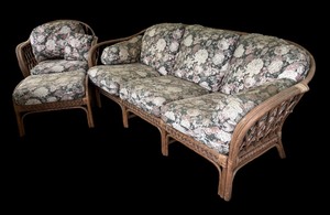 lot 33A image: Island Style Rattan Sofa with Chair and Ottoman by Bench Craft