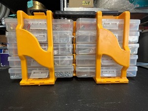 lot 122 image: Pair of Stack On Small Parts Tote Organizer Set (5-Pack) and Contents