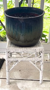 lot 131B image: Vintage White Wicker Plant Stand  Accent Table with Planter Pot