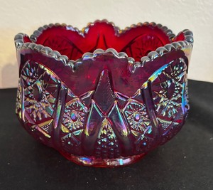 lot 109B image: Vintage Indian Glass Ruby Red Carnival Glass Heirloom  Stars and Arches Bowl