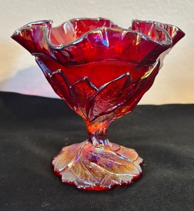 lot 193B image: Vintage Imperial Carnival Glass Sunset Ruby Red Acanthus Leaf  Compote  Candy Dish