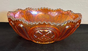 lot 250B image: Vintage Imperial Glass Company Iridescent Marigold Glass Twins Ruffled Bowl with Scalloped Rim