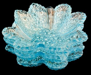 lot 520 image: Vintage EAPG Lenox Imperial Glass #576 Hobstar Square Bowl with Sawtooth Scalloped Rim & EAPG Star Shaped Button and Daisy Bowl, Clear Sawtooth Candy Dishes