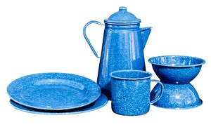 lot 518 image: Assorted Enamel Ware including Coffee Pot, Plates and More