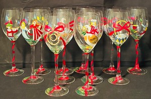 lot 135 image: Hand Painted Twelve Days of Christmas Wine Glasses
