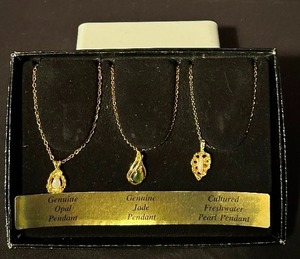 lot 133 image: Three Vintage Gold Tone, Ronte of Beverly Hills Opal, Jade, Pearl Necklace Set