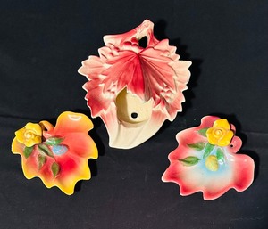 lot 129 image: McCoy Pottery including Red and Cream Maple Leaf Berries Wall Pocket