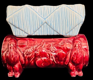 lot 381 image: Vintage McCoy Gnome Hillbilly Maroon Planter & Vintage McCoy Blue Diamond Design Planter