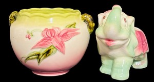 lot 337 image: Vintage Hull Woodland Glossy ChartreusePink Jardiniere and Vintage Elephant Figurine Planter