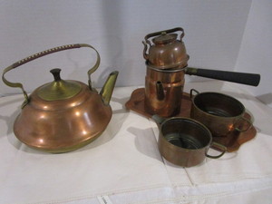 lot 24 image: Copper Teapots, CrmSg, Tray