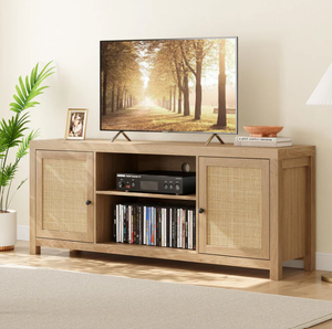 lot 95 image: GAOMON Rattan TV Stand for 65 Inch, Boho Entertainment Center with Storage and Doors